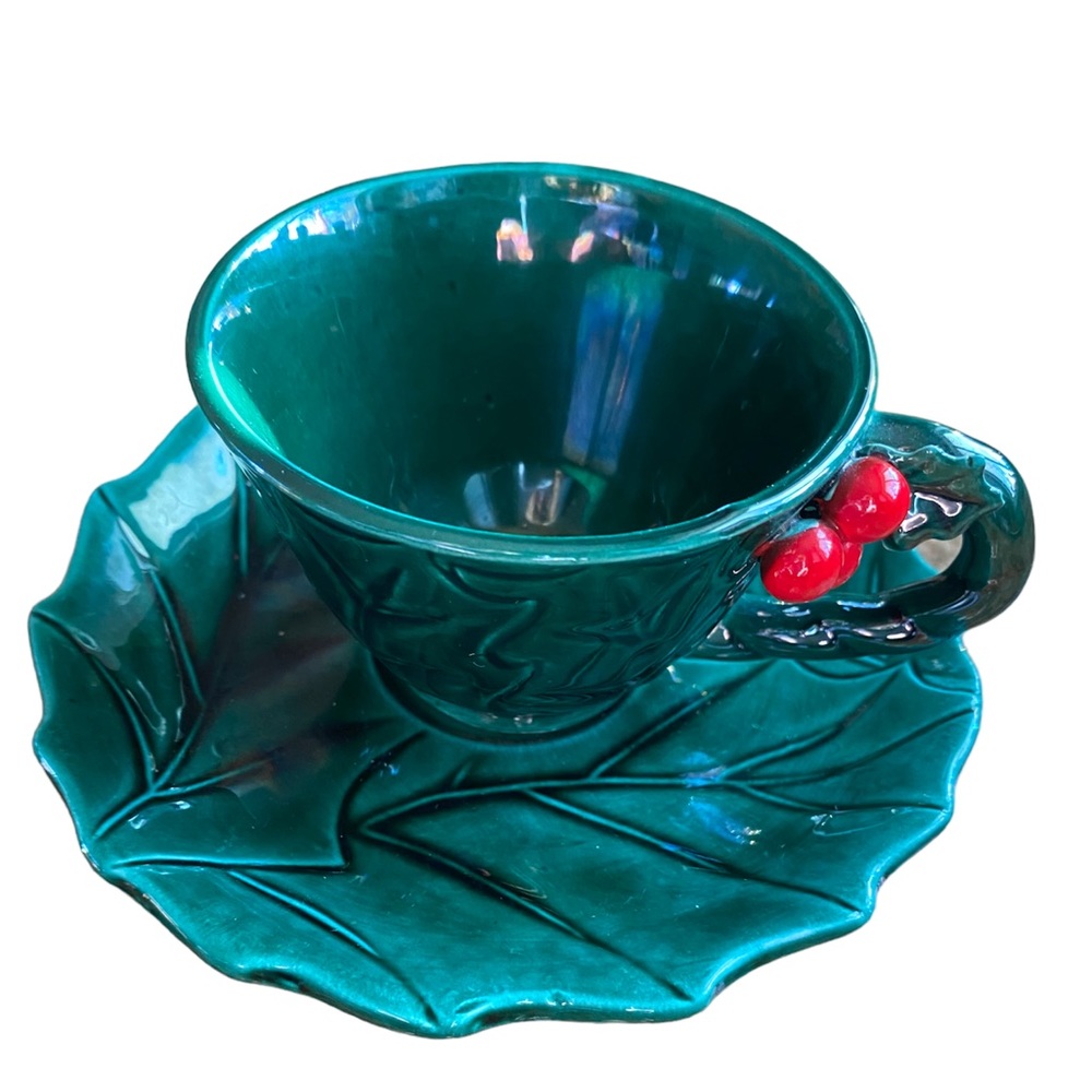 Vintage Lefton Christmas holly teacup & saucer